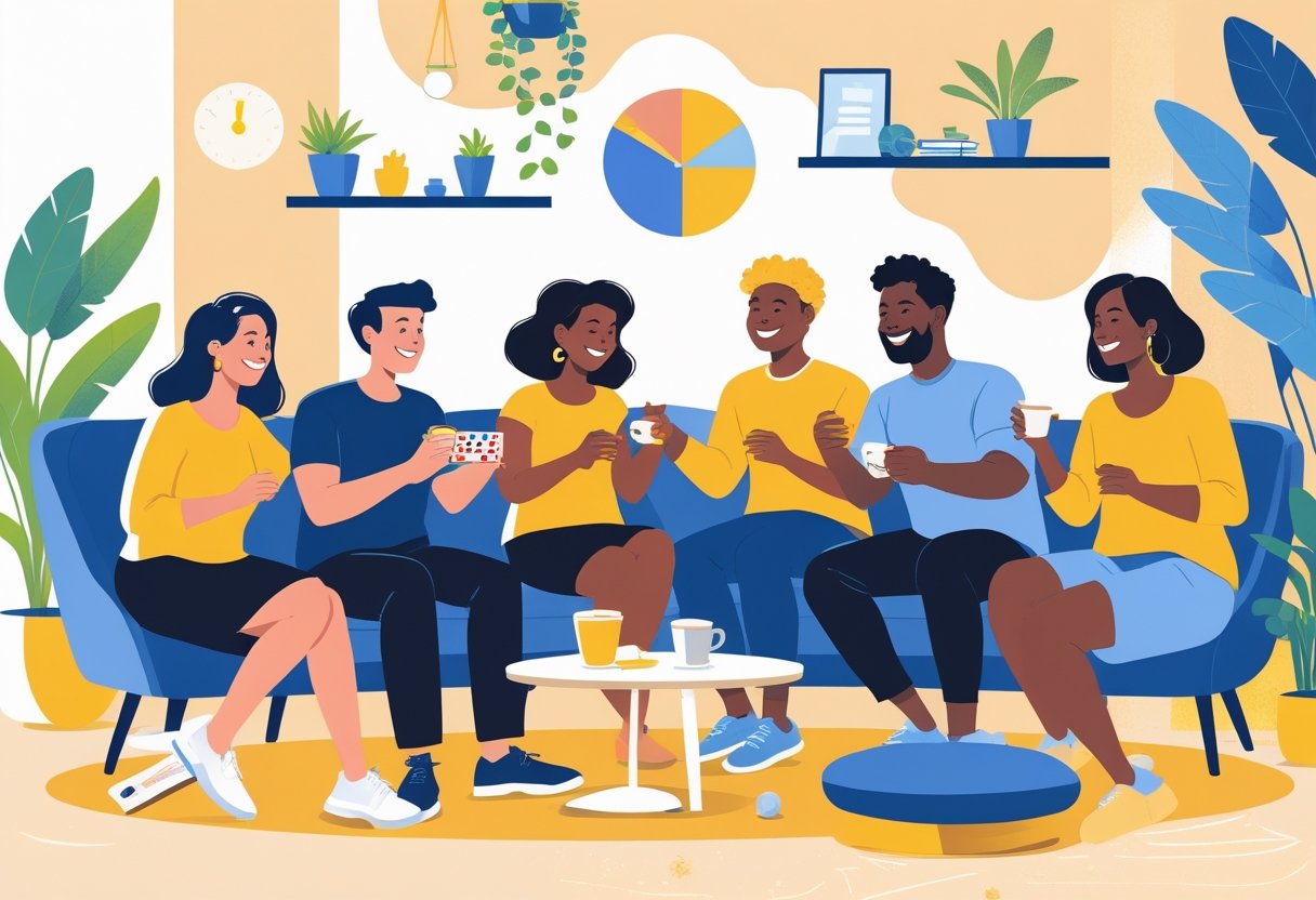 A group of diverse adults enjoying quick social hobbies together indoors, including playing a board game, chatting, and stretching.