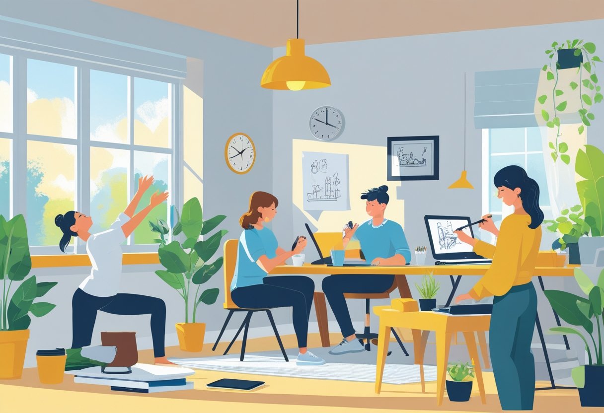 People engaging in quick hobbies like yoga, drawing, playing ukulele, and caring for plants within a home and office setting.