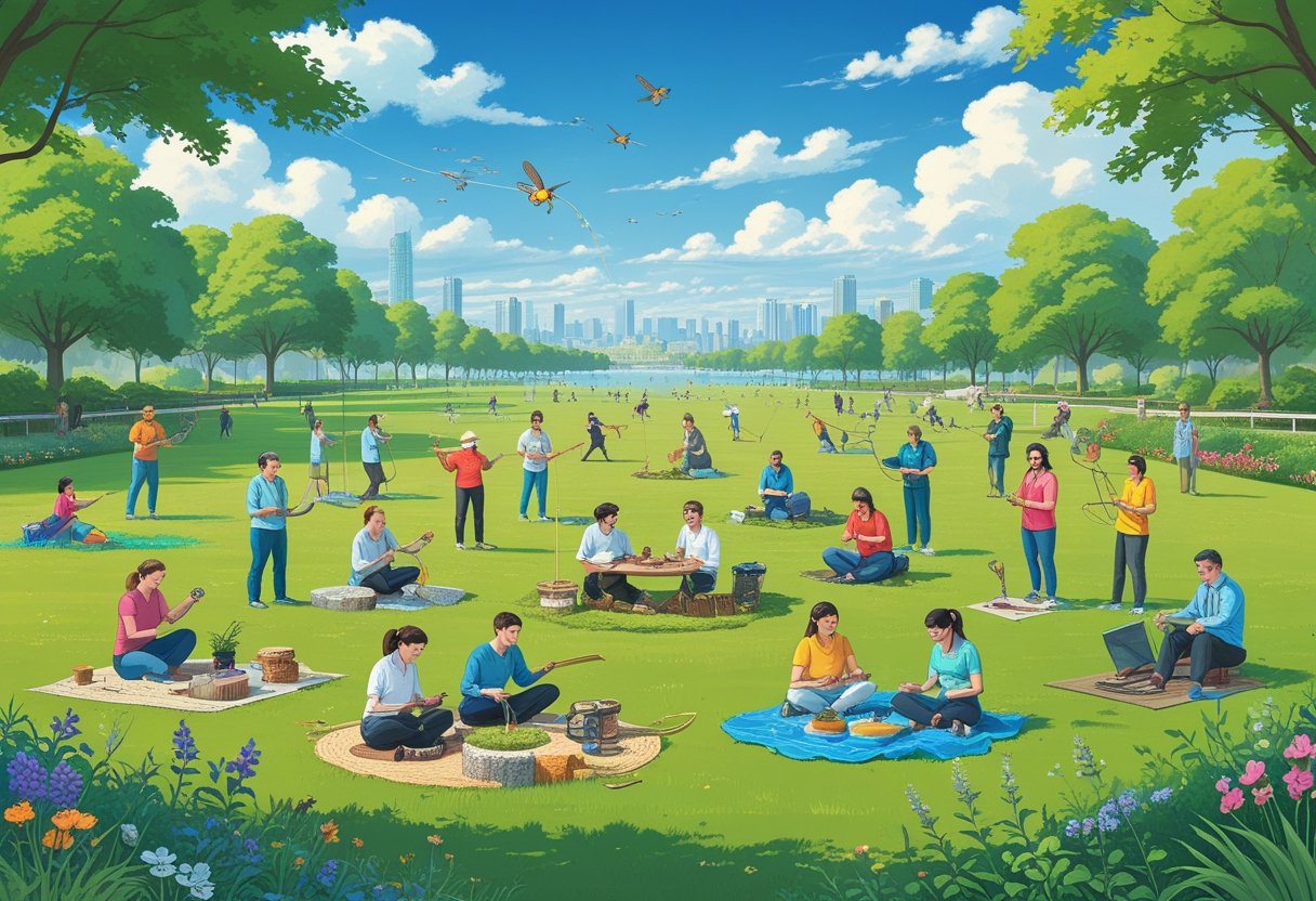 A lively outdoor scene showing many people engaged in a wide variety of unusual and unique hobbies in a park.