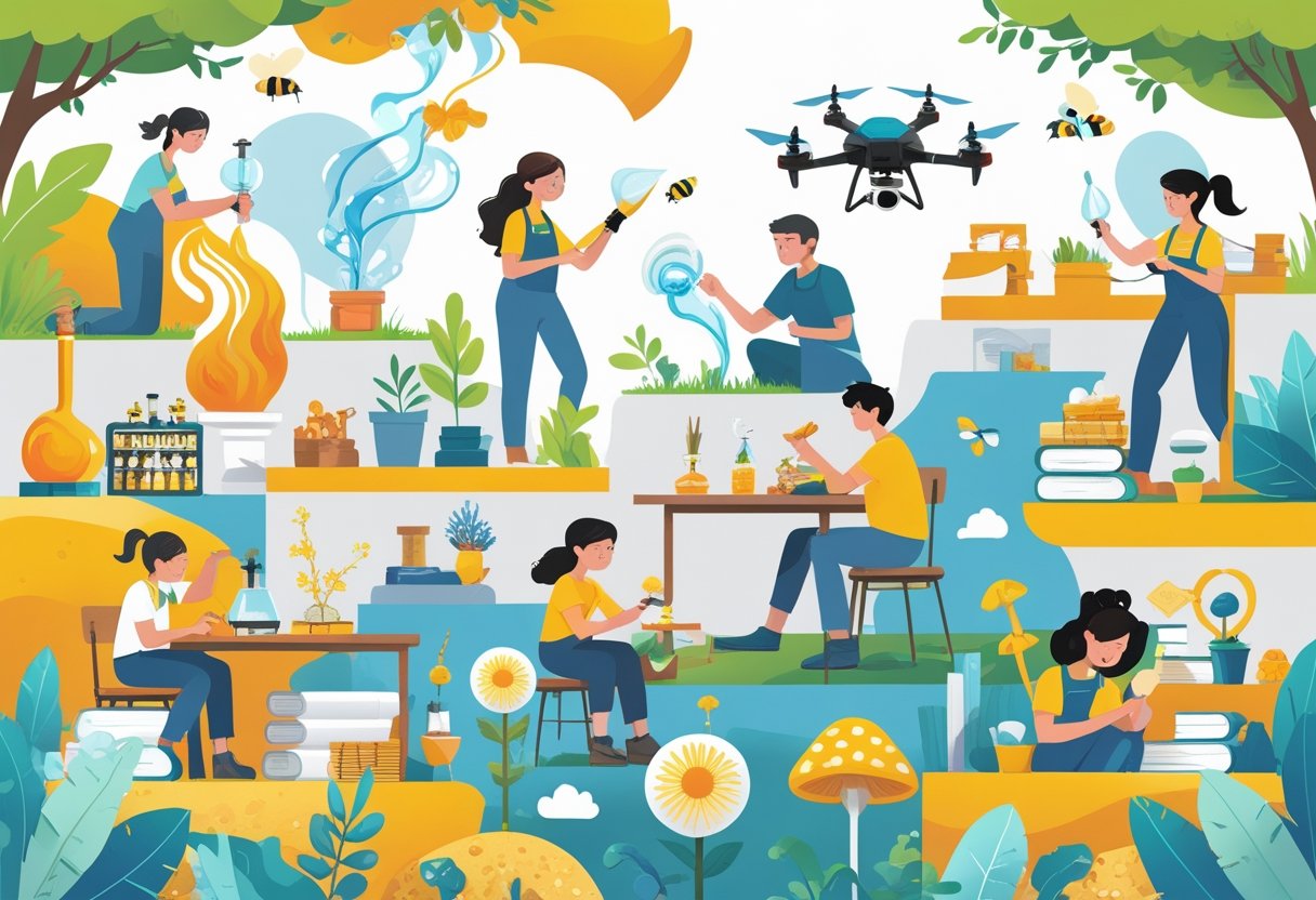 A colorful scene showing people engaged in various unique hobbies like glassblowing, beekeeping, bookbinding, drone racing, mushroom foraging, and sand art in a bright, inviting environment.