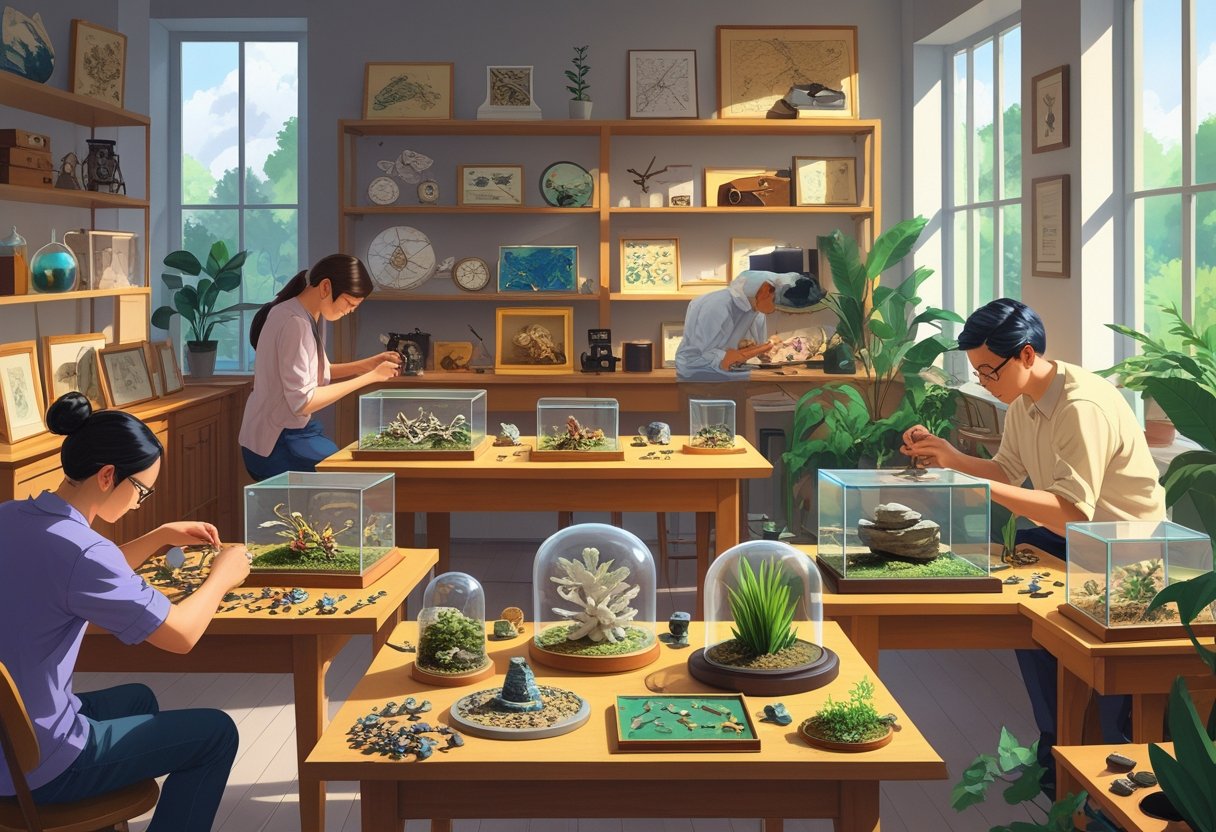 A room with several people engaged in rare hobbies like assembling miniatures, collecting insects, balancing stones, and arranging unusual plants, surrounded by shelves of unique collectibles.
