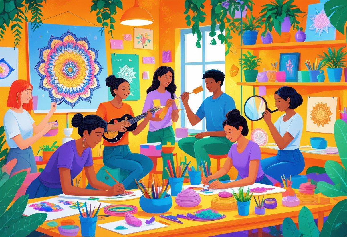 A colorful scene showing people trying various unique hobbies like painting, origami, playing unusual instruments, aerial acrobatics, and sculpting in a bright creative studio.