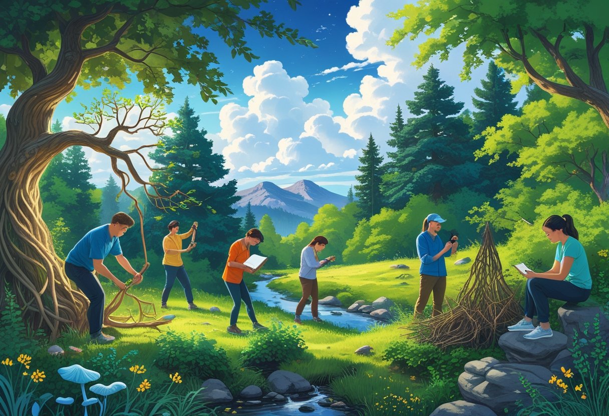 People enjoying unusual outdoor hobbies like tree shaping, studying glowing fungi, cloud spotting, and making sculptures from natural materials in a forested landscape with mountains and a stream.