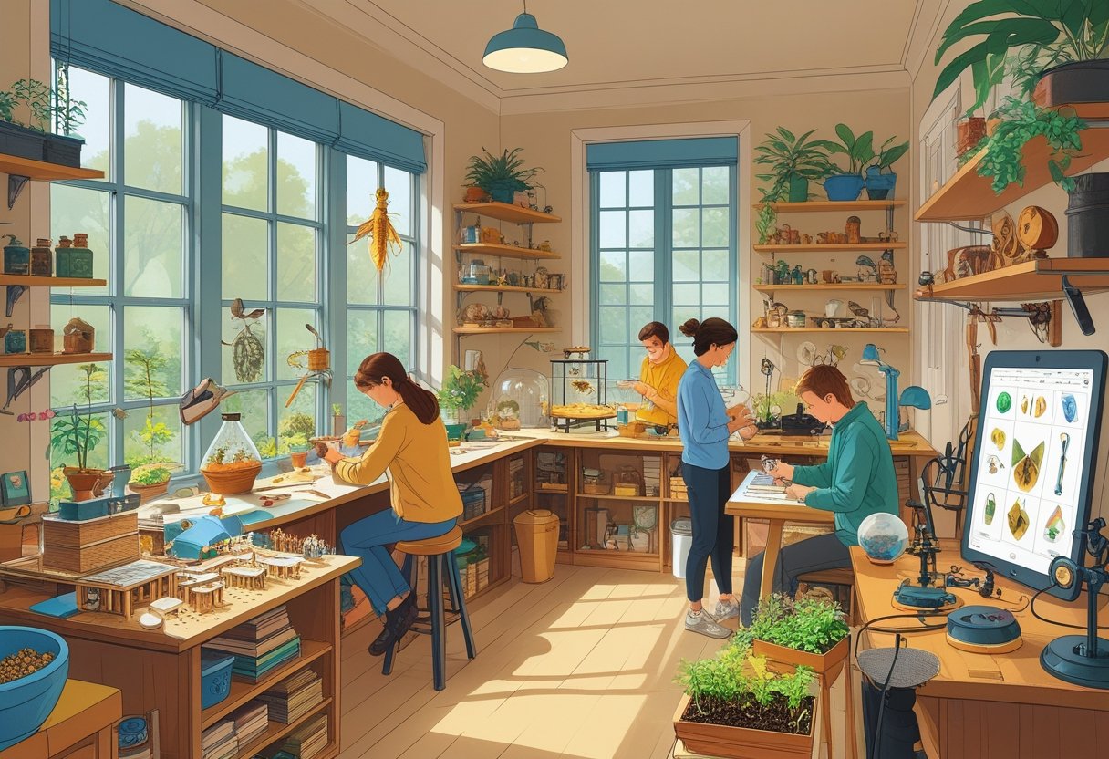 A cozy indoor room where several people are engaged in unusual hobbies like miniature bookbinding, origami, indoor mushroom growing, and assembling mechanical puzzles.