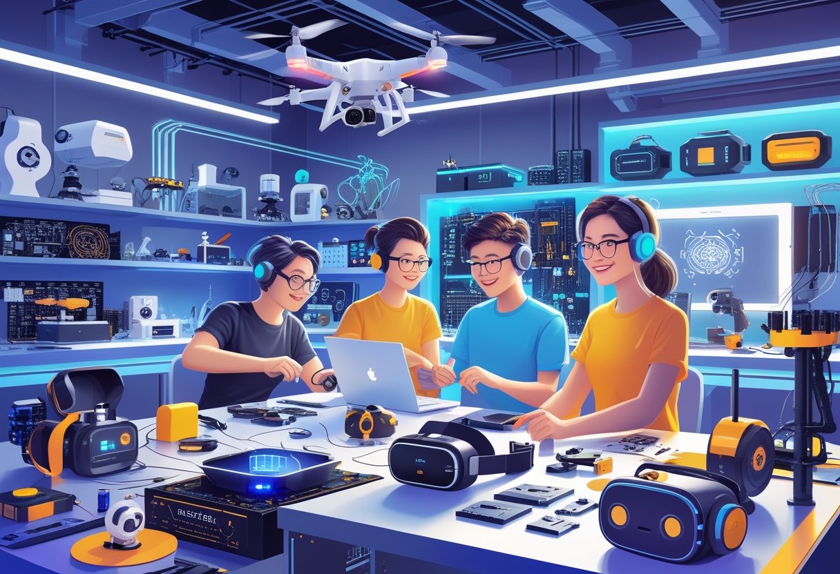 People engaged in various unique tech-driven hobbies using gadgets like drones, VR headsets, and 3D printers in a modern workspace.