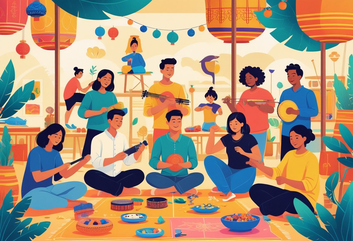 A diverse group of people enjoying various unique cultural and social hobbies together in a lively community space.