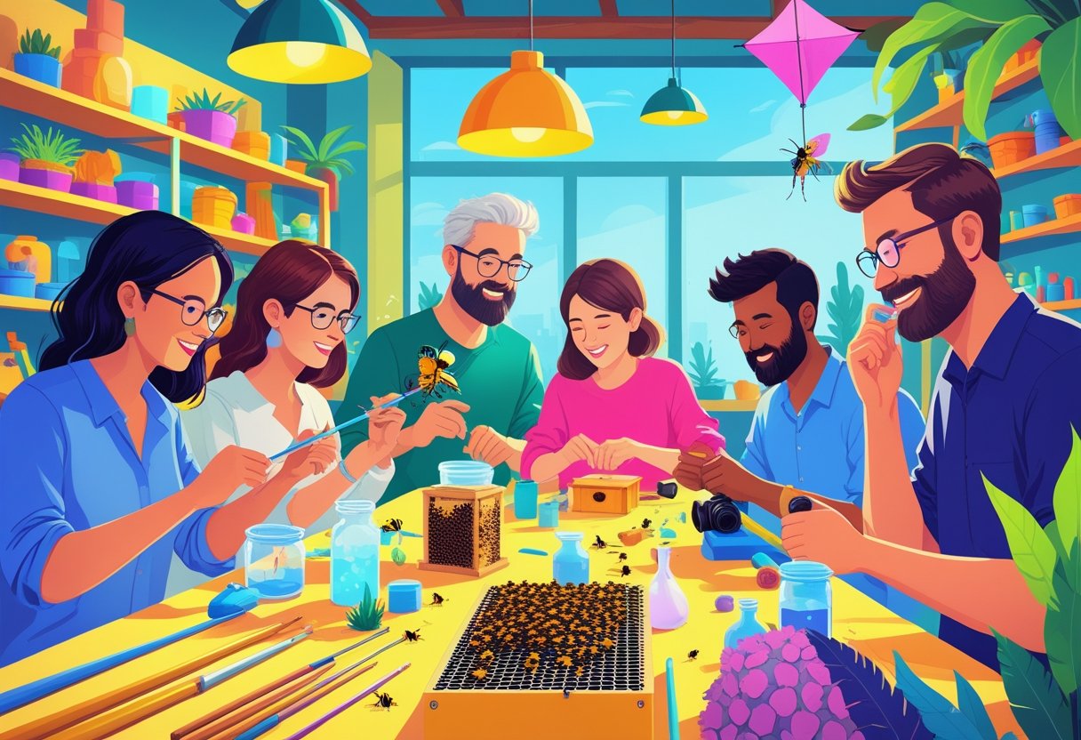 People engaging in various unique and uncommon hobbies together in a bright indoor space filled with related tools and materials.