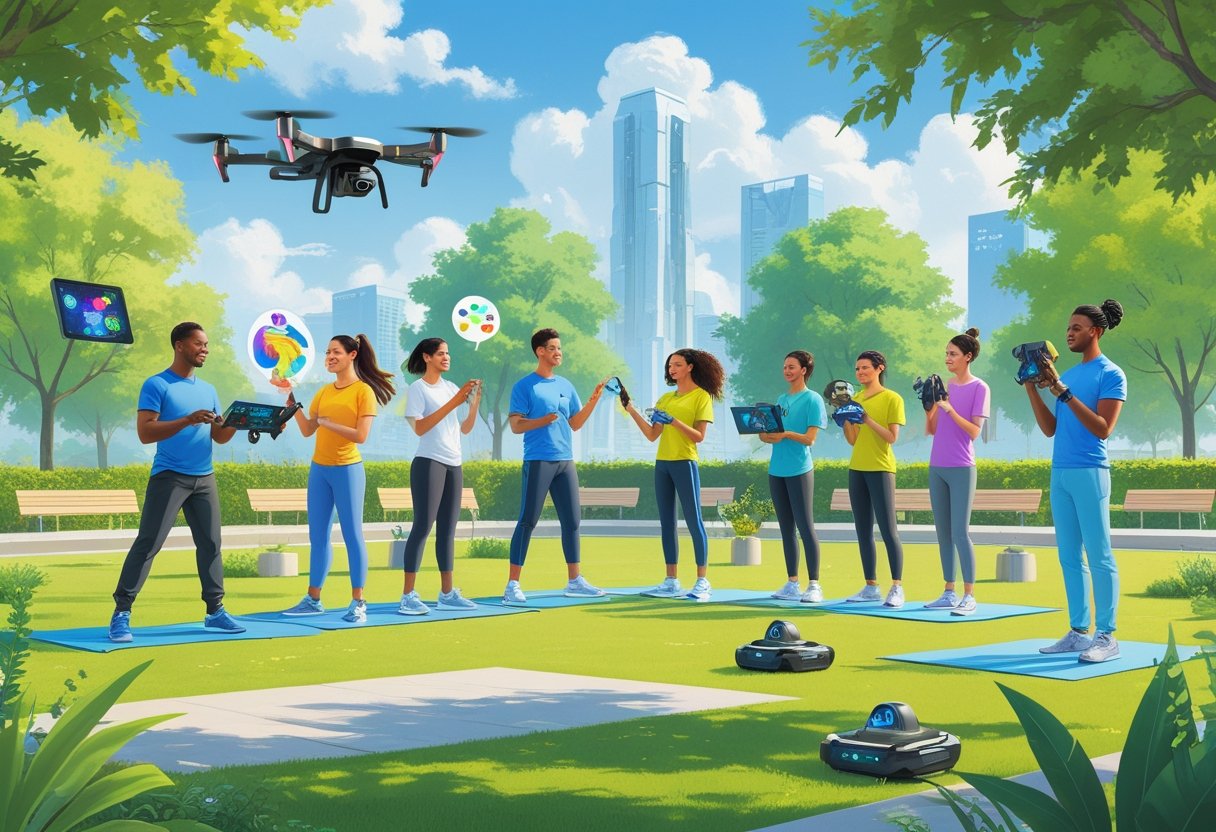 Ten people in a park trying different new hobbies, including flying drones, augmented reality painting, gardening, playing electronic instruments, aerial yoga, cooking with robots, virtual reality fitness, robot building, eco-friendly crafting, and meditation with wearable devices.