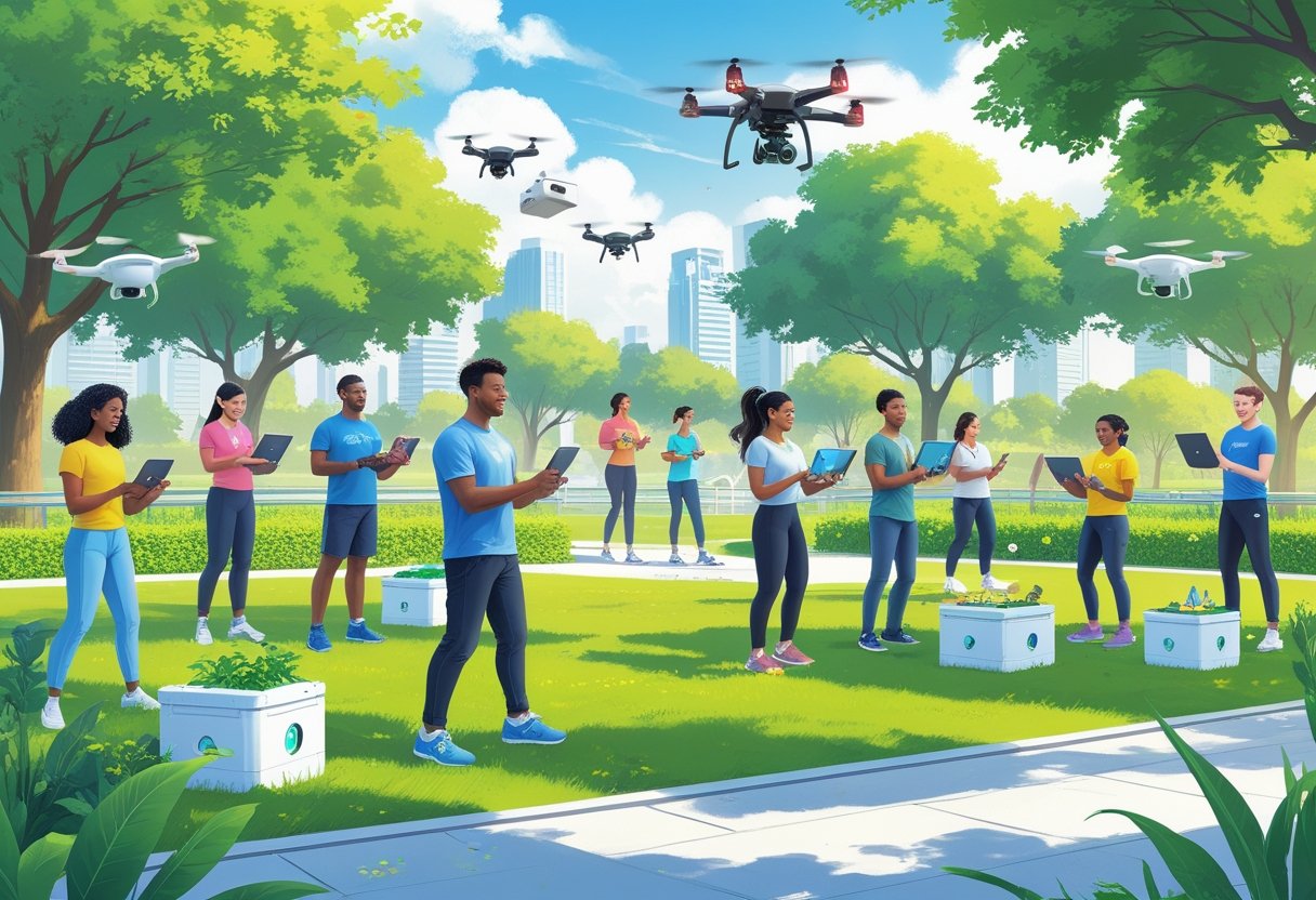 People of various ages and backgrounds enjoying a variety of new hobbies outdoors in a modern park with futuristic technology and greenery around them.