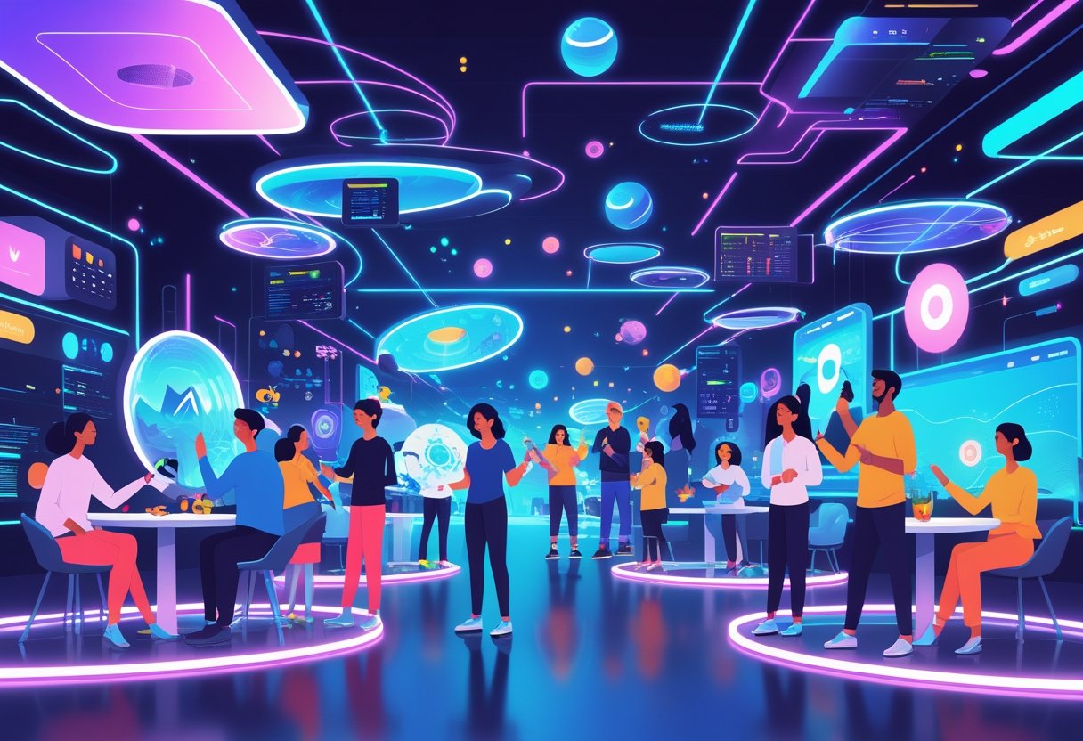 People of various ages engaging in different virtual reality activities within a futuristic digital environment filled with holograms and glowing interfaces.