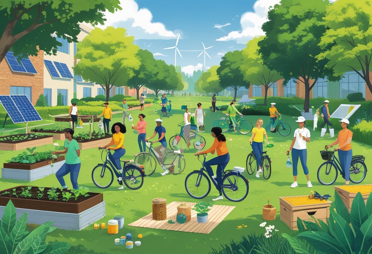 A group of diverse people outdoors enjoying various eco-friendly hobbies like gardening, cycling, yoga, birdwatching, and crafting with plants and recycled materials in a green park with solar panels and wind turbines nearby.