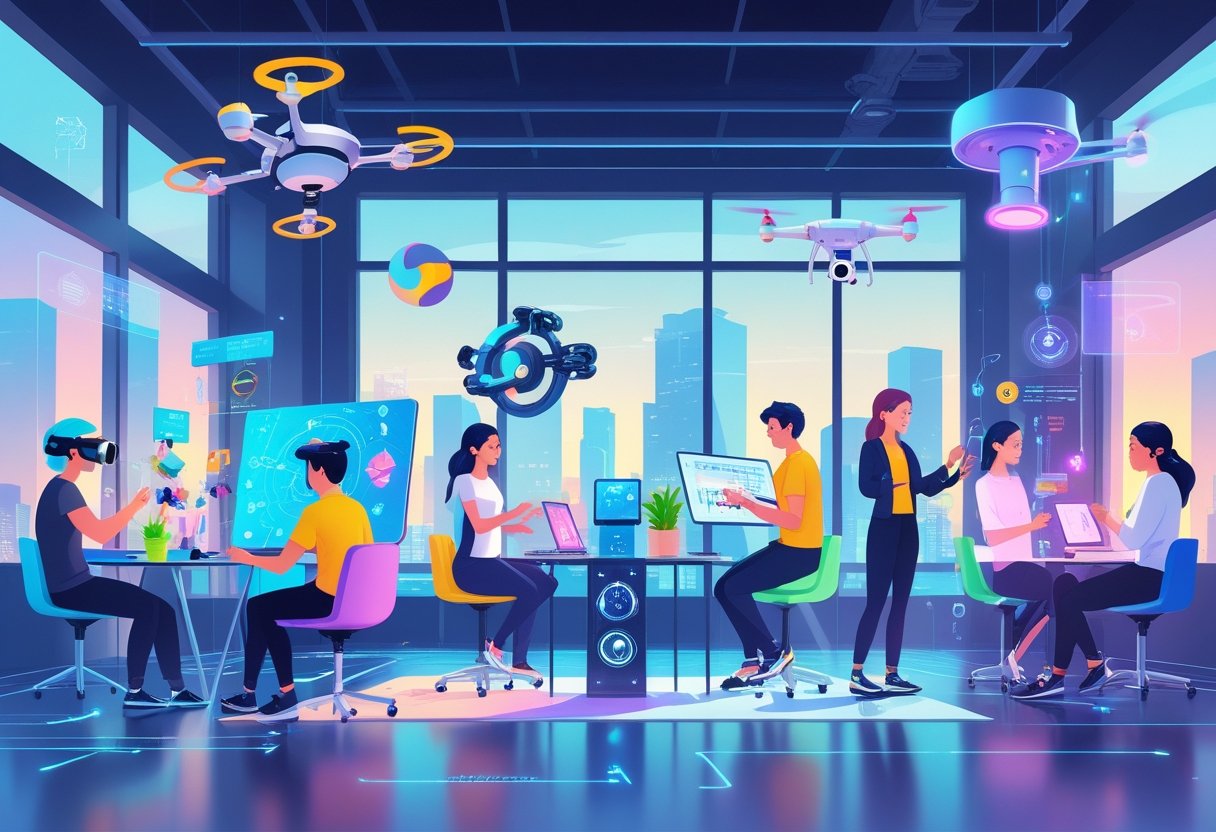 A group of people engaged in various tech-driven creative activities like virtual reality painting, robotic art, digital music composition, and augmented reality design in a modern studio.