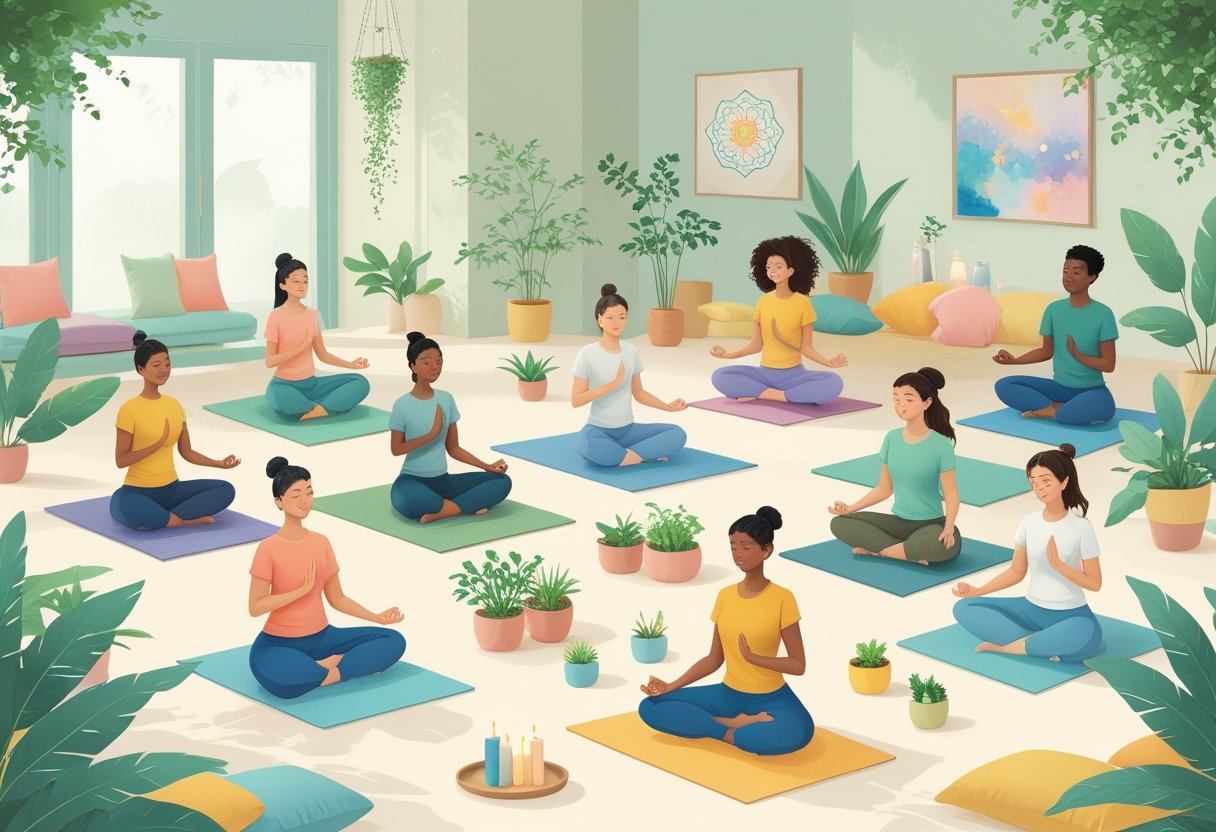 A group of diverse people practicing various mindfulness and mental wellness hobbies indoors, including meditation, yoga, journaling, painting, and caring for plants.
