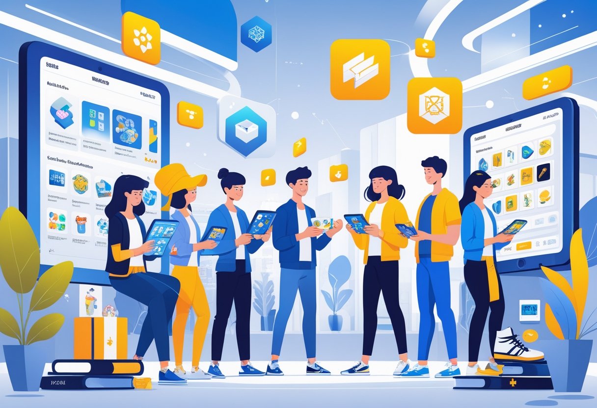 A group of people engaging in various modern collecting and trading hobbies with digital devices and physical collectibles in a futuristic urban setting.