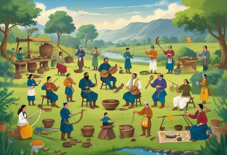 A group of people outdoors practicing various ancient hobbies like pottery, weaving, archery, blacksmithing, calligraphy, playing musical instruments, fishing, wood carving, gardening, spinning wool, dancing, stone carving, jewelry making, brewing tea, falconry, basket weaving, storytelling, leather tanning, cooking over fire, and kite flying.