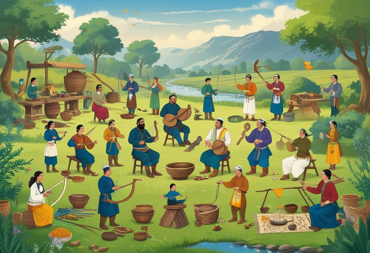 A group of people outdoors practicing various ancient hobbies like pottery, weaving, archery, blacksmithing, calligraphy, playing musical instruments, fishing, wood carving, gardening, spinning wool, dancing, stone carving, jewelry making, brewing tea, falconry, basket weaving, storytelling, leather tanning, cooking over fire, and kite flying.