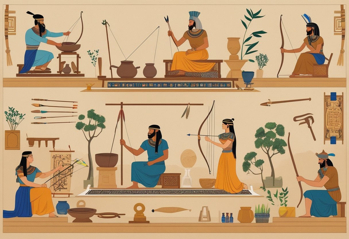 People from different ancient cultures engaged in traditional hobbies like pottery, weaving, archery, board games, carving, gardening, and painting.