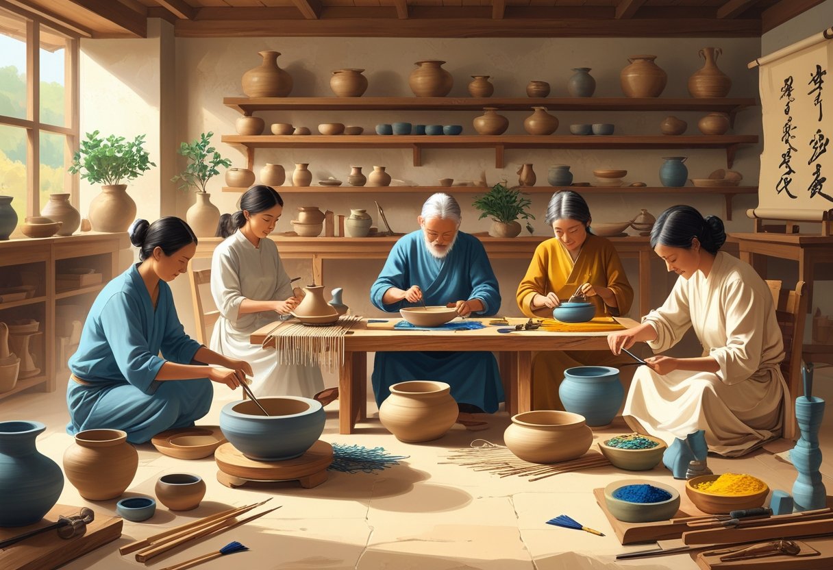 People of different ages practicing ancient hobbies like pottery, weaving, calligraphy, wood carving, and painting in a bright workshop filled with craft tools and finished handmade items.