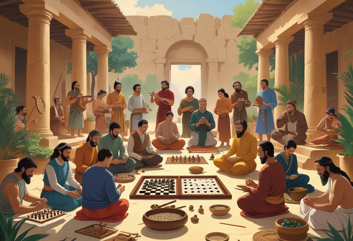 A group of people from different cultures and times engaging in various ancient hobbies like playing chess, weaving, calligraphy, and playing traditional musical instruments in a timeless outdoor setting.
