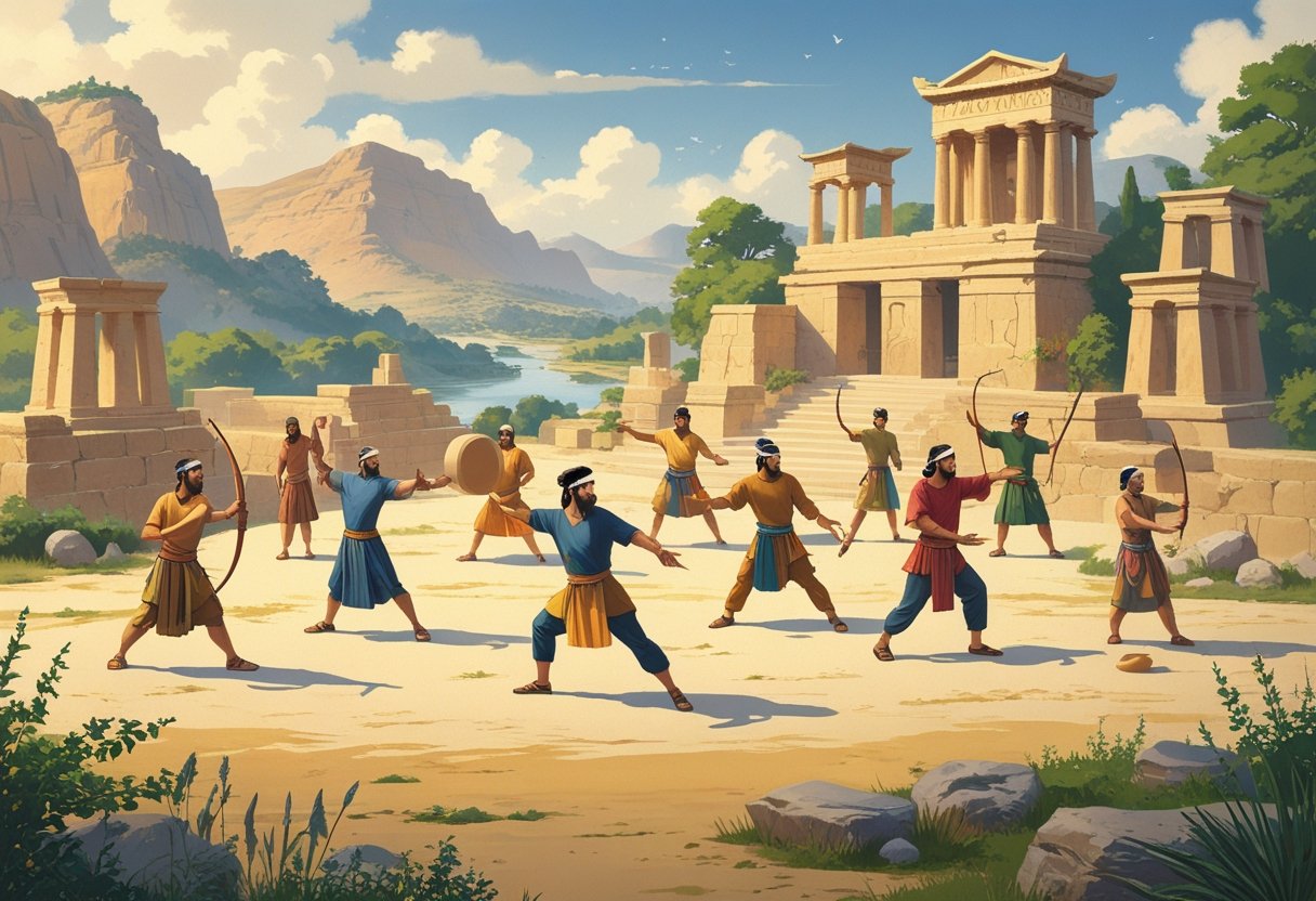 A group of people from various ancient cultures practicing traditional physical activities outdoors near historical buildings and natural landscapes.