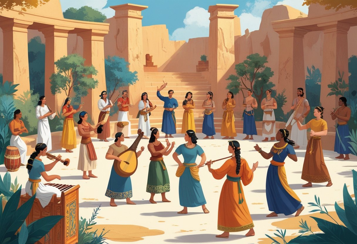 A diverse group of people from different cultures and historical periods playing ancient musical instruments and performing traditional dances and storytelling in a timeless outdoor setting.