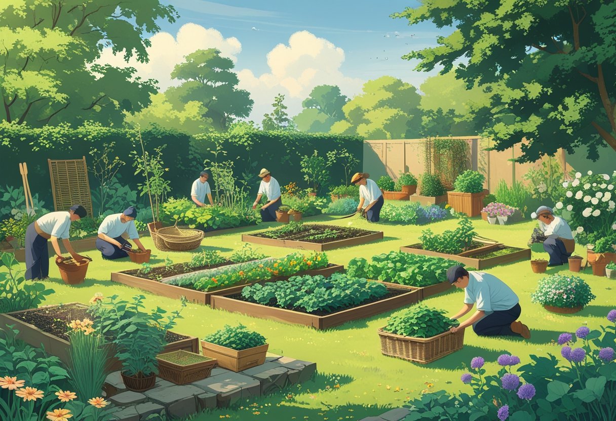 People engaged in various traditional gardening and nature-based activities in a lush garden setting.