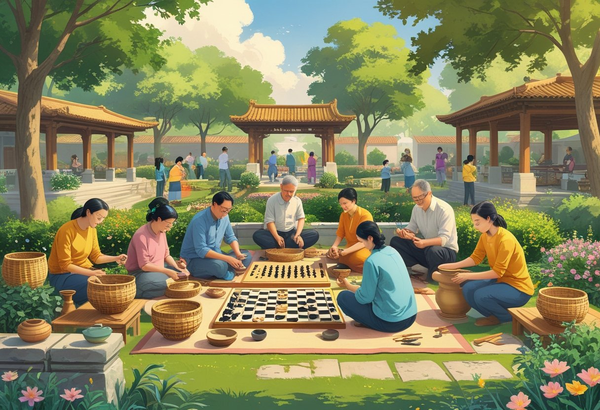 A diverse group of people in a community park engaging in ancient hobbies like basket weaving, pottery, calligraphy, woodworking, traditional board games, and gardening together.