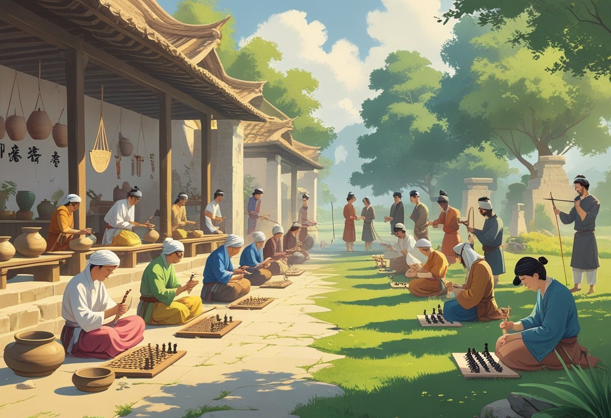 People practicing various ancient hobbies like pottery, weaving, archery, calligraphy, chess, gardening, and stone carving in a scene transitioning from an ancient village to a modern urban setting.
