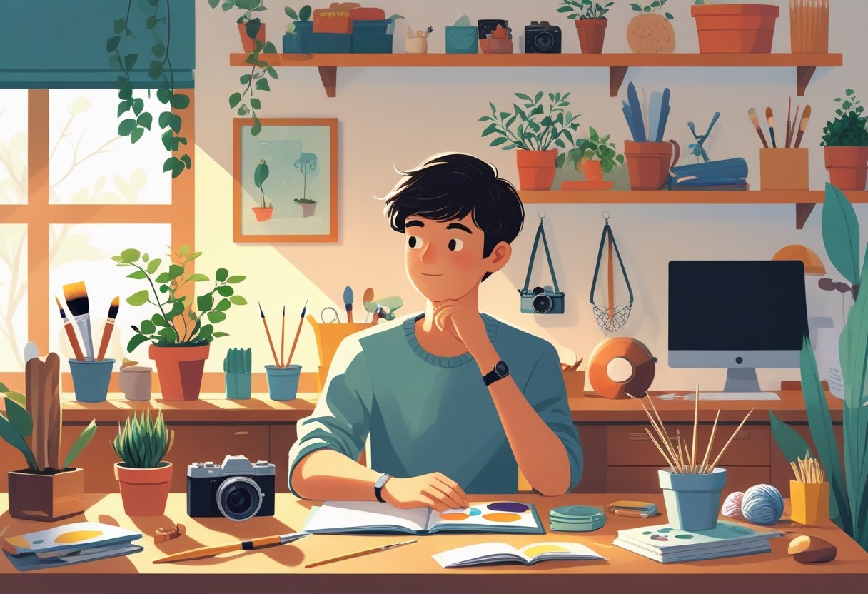 A person sitting at a desk surrounded by various hobby items like paintbrushes, a plant, a camera, books, yarn, and a guitar, looking thoughtful in a cozy room.