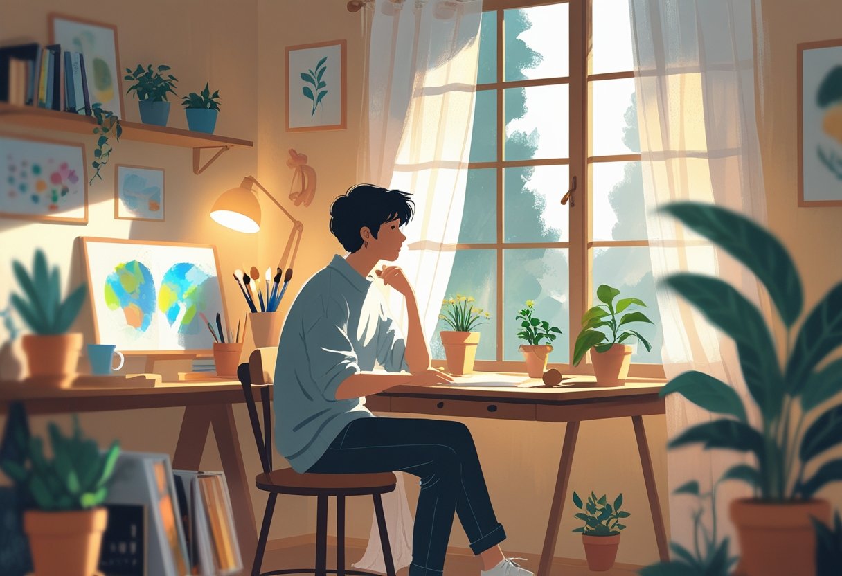 A person sitting alone at a desk surrounded by hobby items, looking thoughtful and reflective while gazing out a window with soft sunlight coming through.
