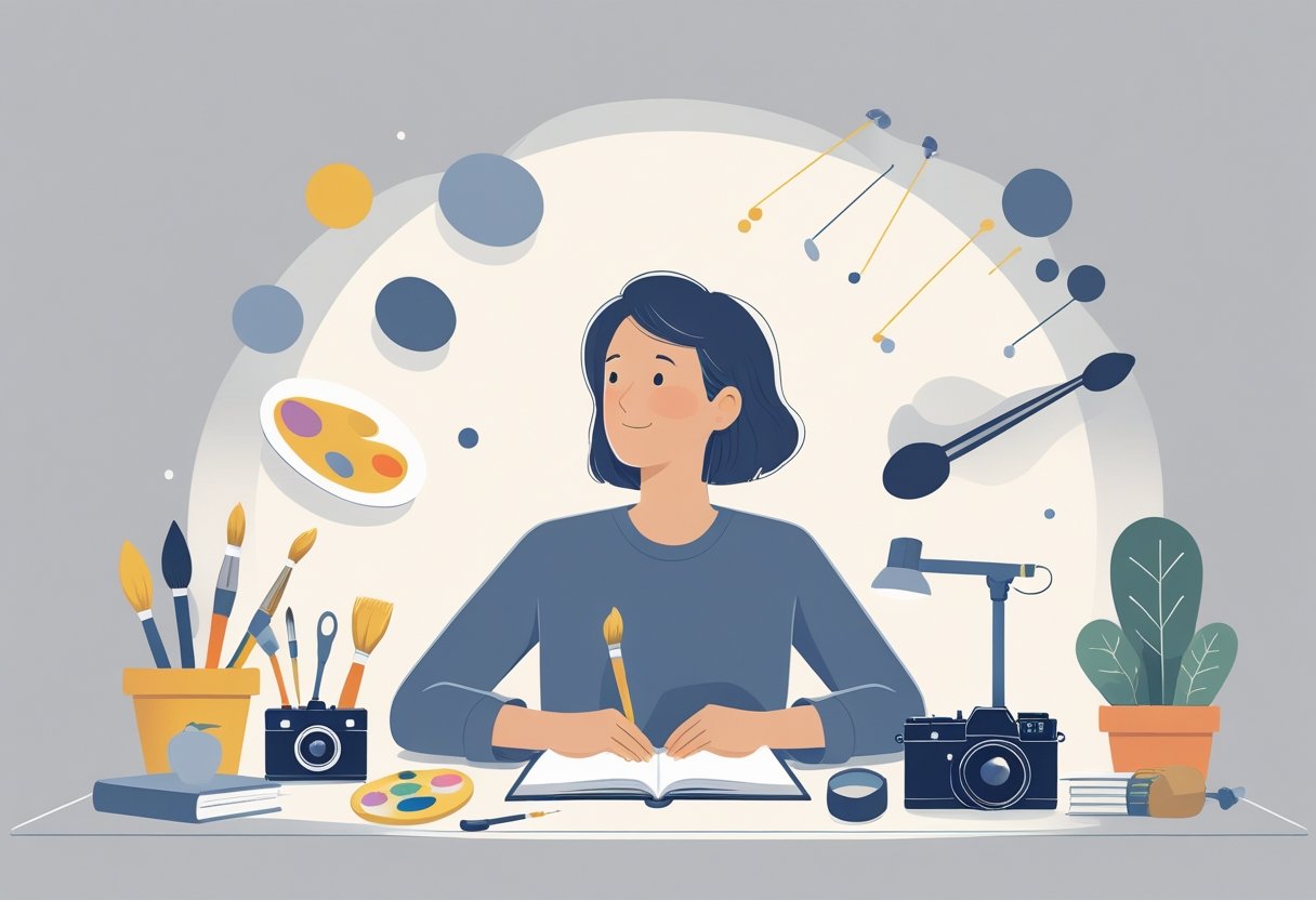 A person sitting at a desk surrounded by various hobby items, looking thoughtful and hopeful.