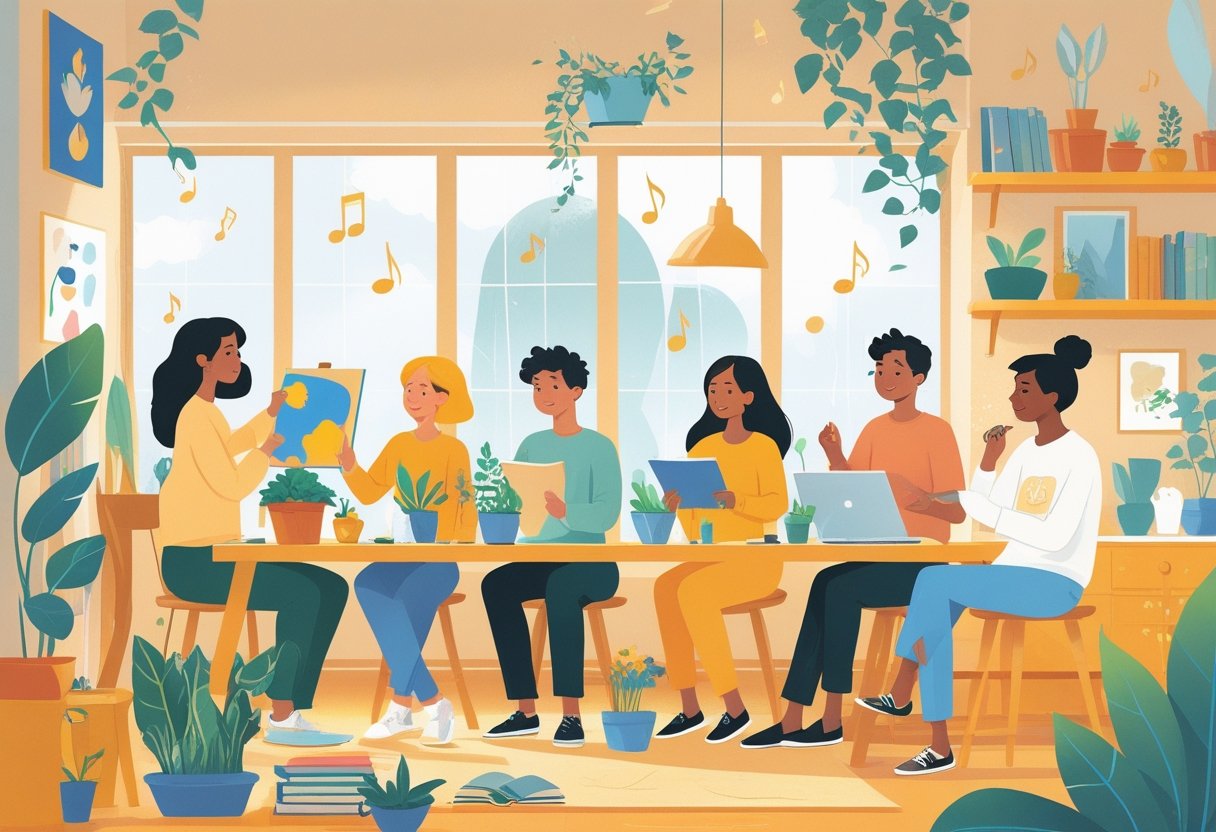 People trying various hobbies like painting, gardening, playing music, reading, and cooking in a bright, welcoming room.