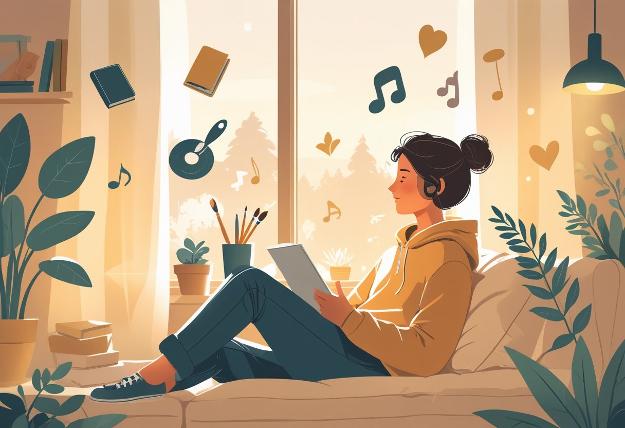 A person sitting thoughtfully in a cozy room surrounded by faint images of various hobby items like a paintbrush, book, musical note, plant, camera, and knitting needle.