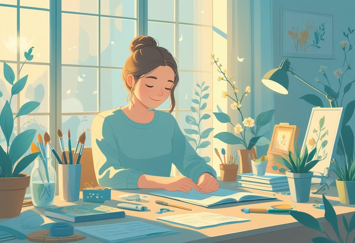 A person sitting at a desk surrounded by hobby items like paintbrushes, books, and plants, looking thoughtful and calm while exploring new interests.