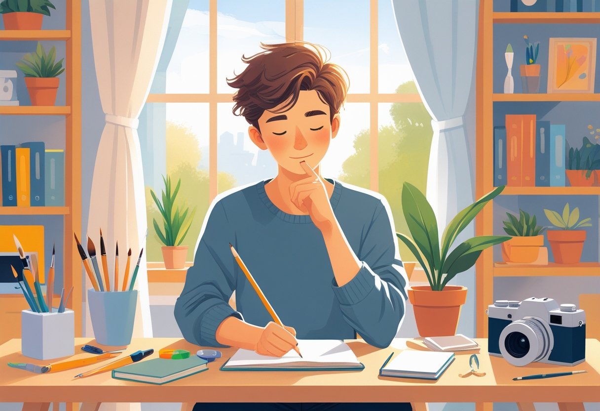 A young adult sitting at a desk with hobby materials, thoughtfully preparing to start a new activity in a cozy room.