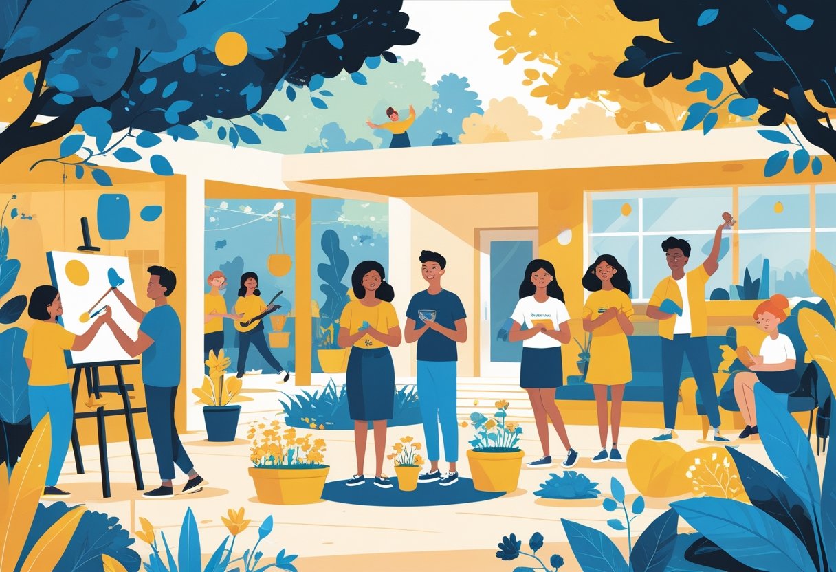 A diverse group of people happily engaged in different hobbies like painting, playing guitar, gardening, reading, and crafting in a bright community space.