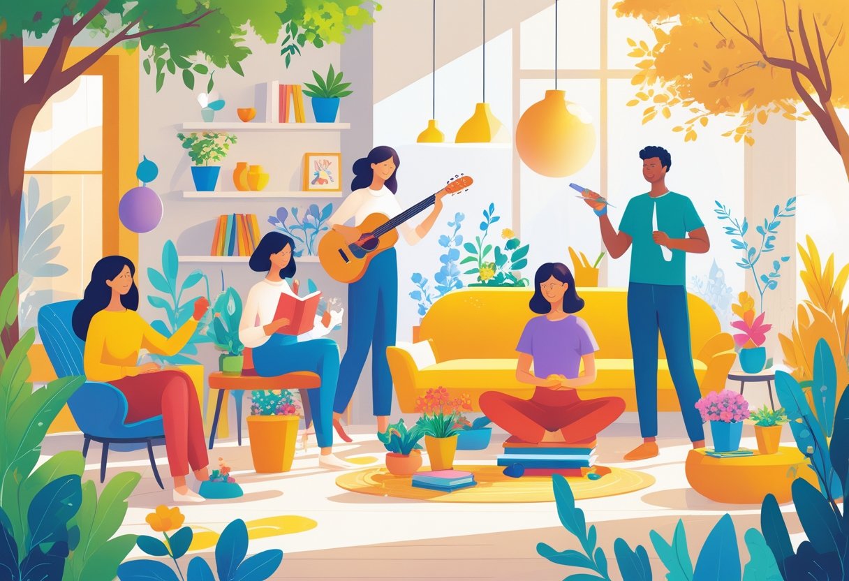 A group of people enjoying different hobbies like painting, playing music, gardening, reading, and practicing yoga in a peaceful indoor and outdoor setting.