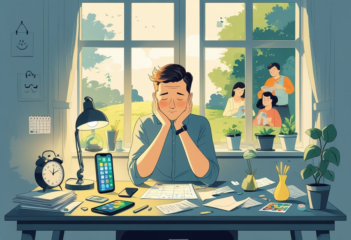 An adult sitting at a cluttered desk looking thoughtful, surrounded by symbols of boredom and inactivity, with a window showing people enjoying various hobbies outside.