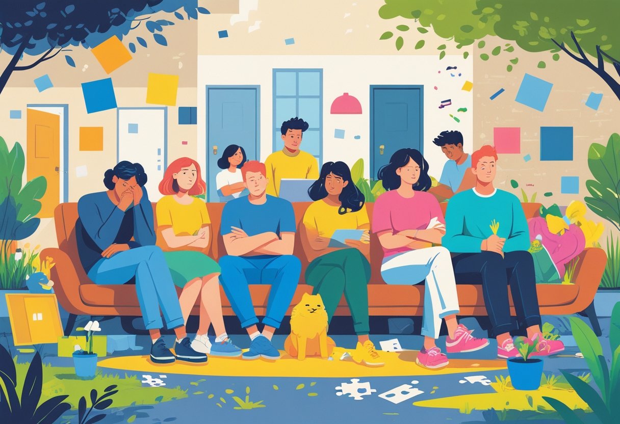 A group of people showing emotions like boredom and stress in everyday settings, with some engaging happily in hobbies like painting and gardening.