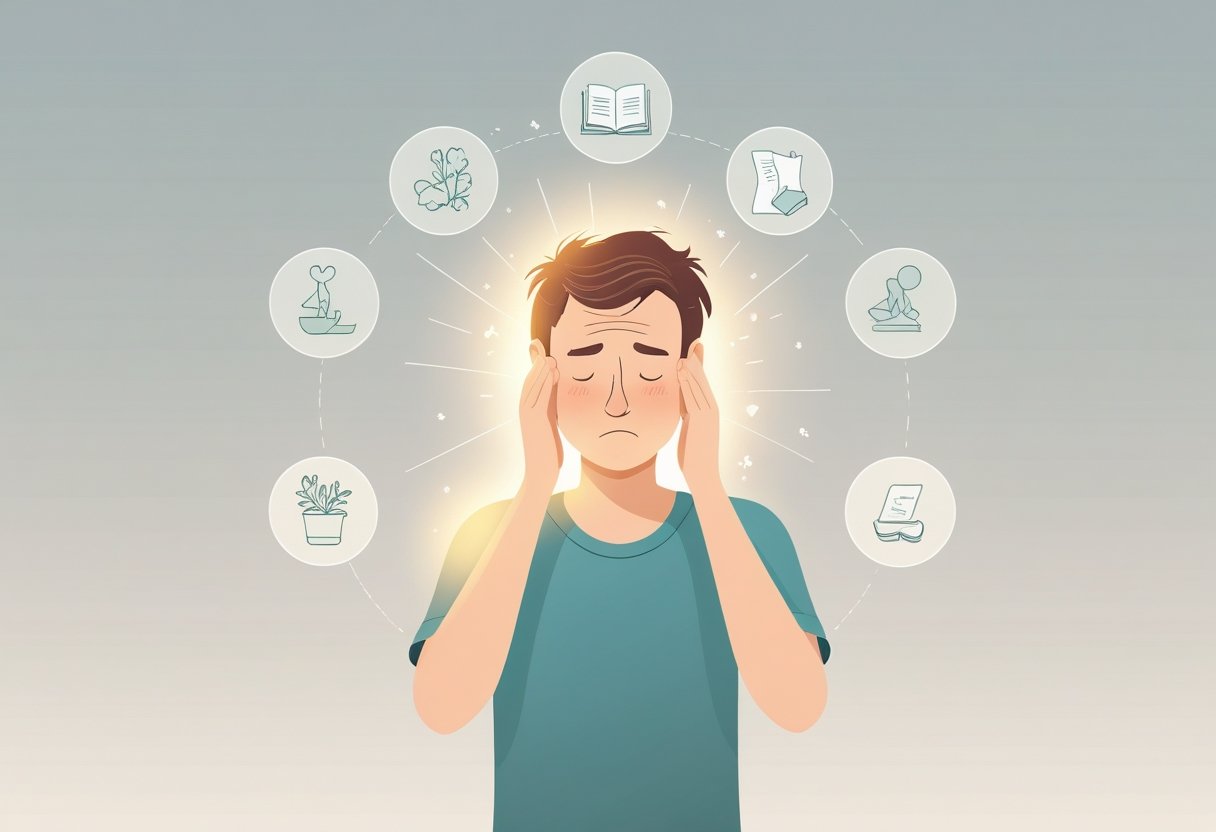 A person looking tired and stressed with visual hints of headaches, muscle tension, and fatigue, surrounded by icons representing hobbies like painting, gardening, reading, and sports.