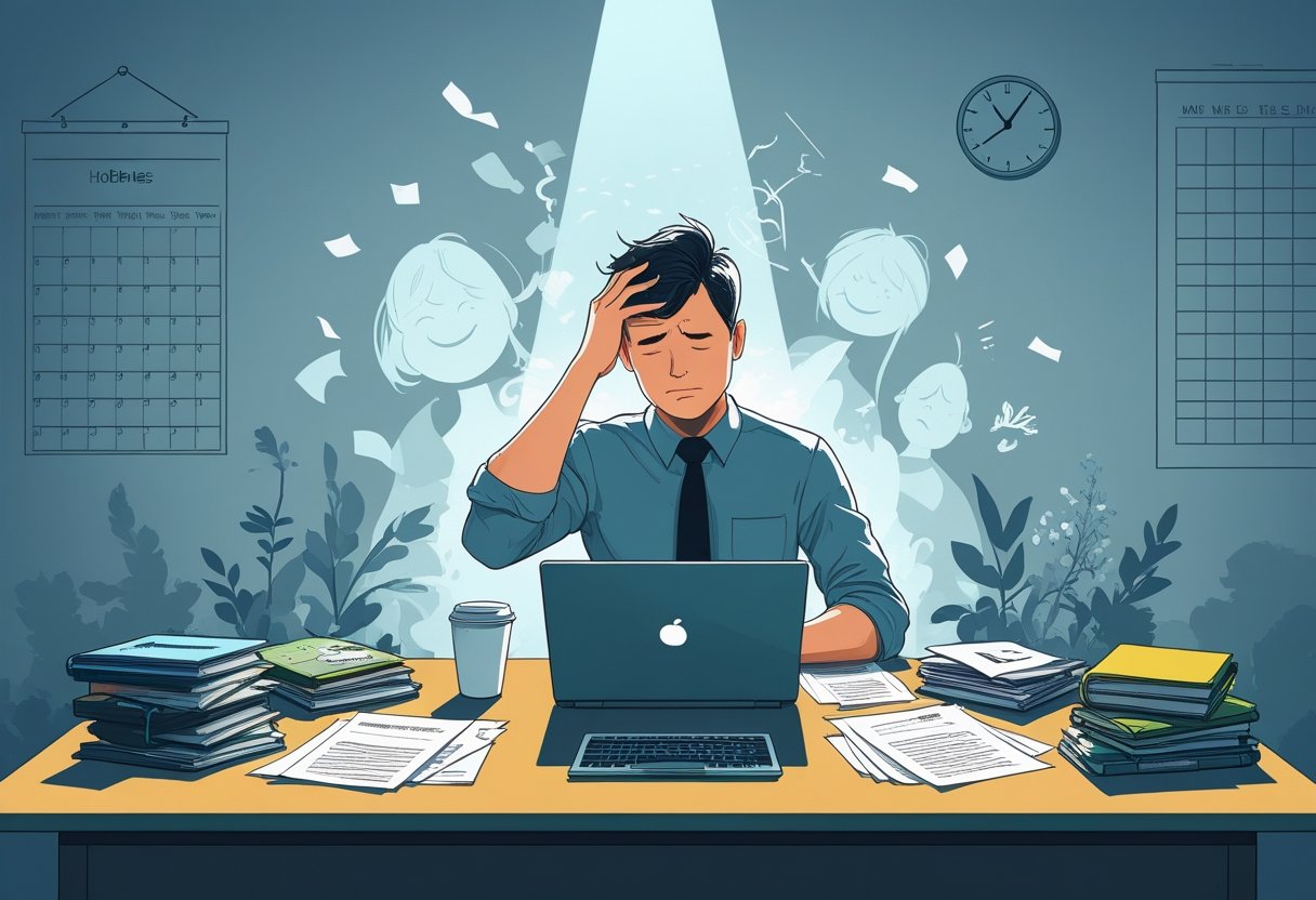 A stressed person sitting at a cluttered desk with paperwork and a laptop, looking overwhelmed in an office with books and a clock nearby, while faint images of hobbies appear in the background.