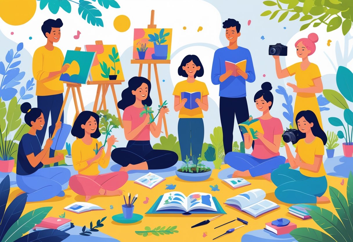 A diverse group of people enjoying different hobbies like painting, playing music, gardening, yoga, reading, and photography in a bright and welcoming setting.