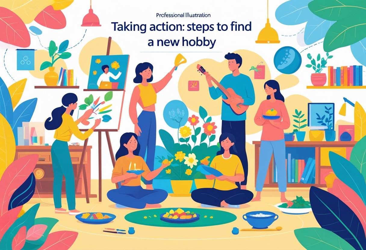 A group of people engaged in different hobbies like painting, playing instruments, gardening, cooking, and yoga in a bright, inviting room.