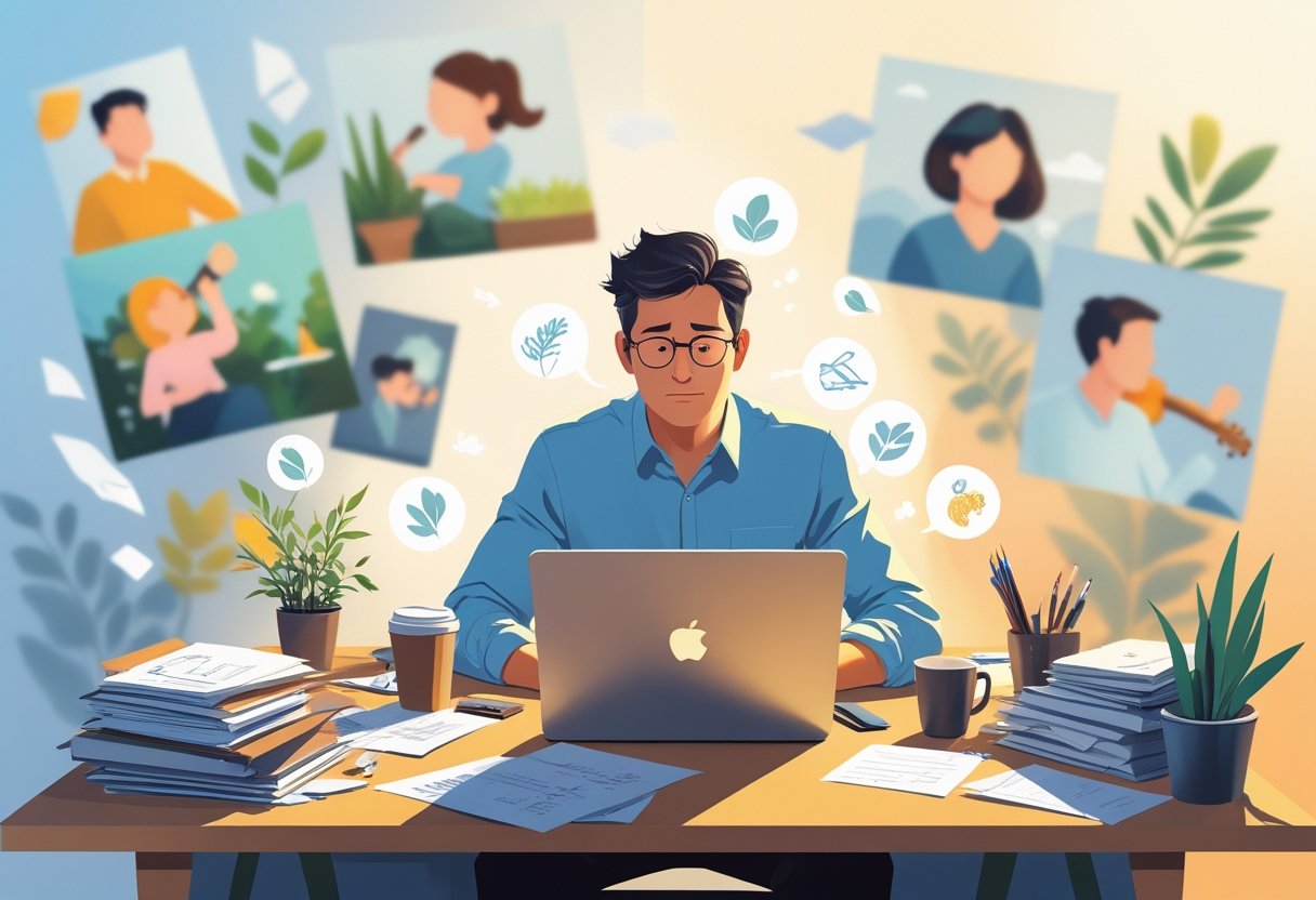 An adult sitting at a cluttered desk looking overwhelmed, surrounded by faint images of hobbies like painting, gardening, playing guitar, and reading, with a background transitioning from a busy office to a calm space.