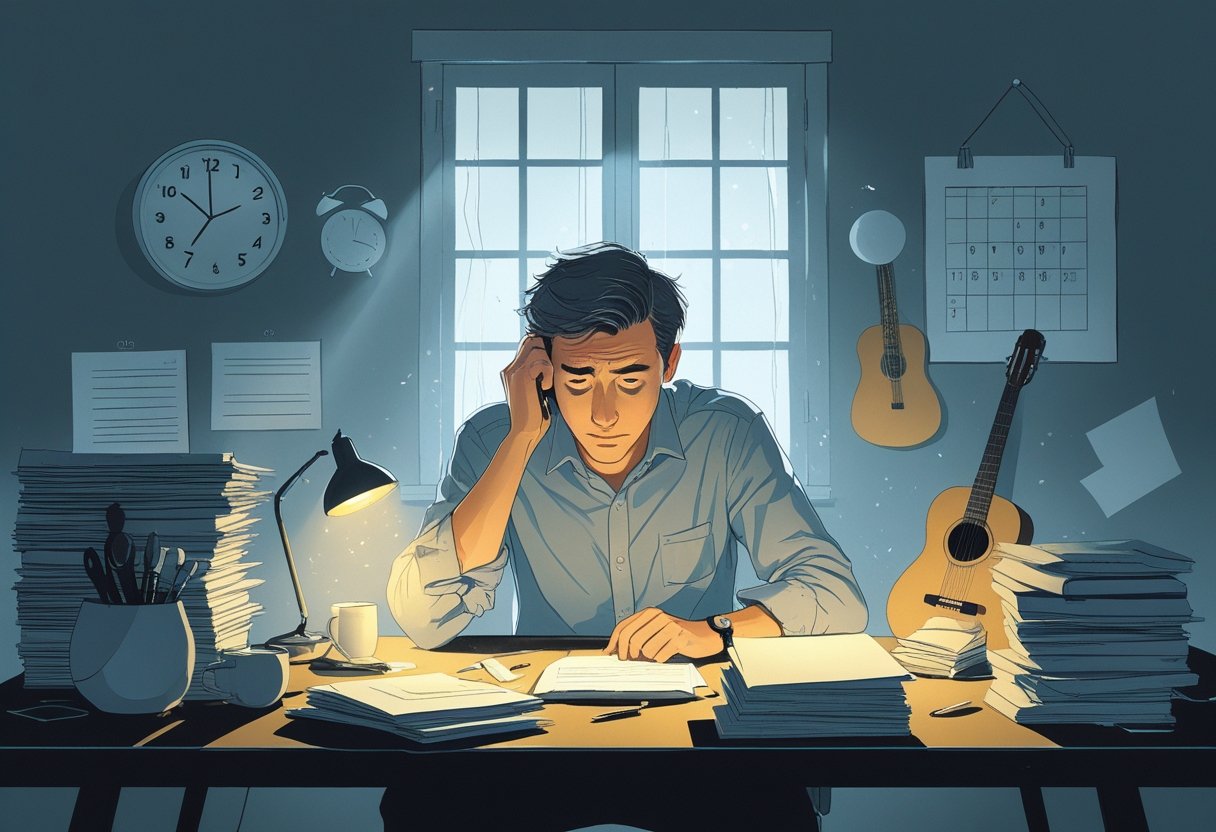 An adult sitting at a cluttered desk surrounded by work and household tasks, looking overwhelmed, with hobby items like a paintbrush and guitar faintly visible in the background.