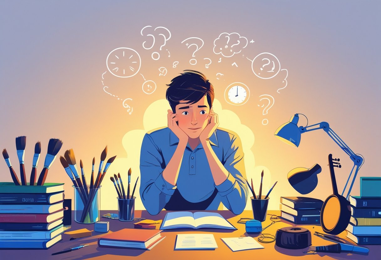 An adult sitting at a desk surrounded by hobby items, looking thoughtful with subtle symbols of mental barriers fading away.