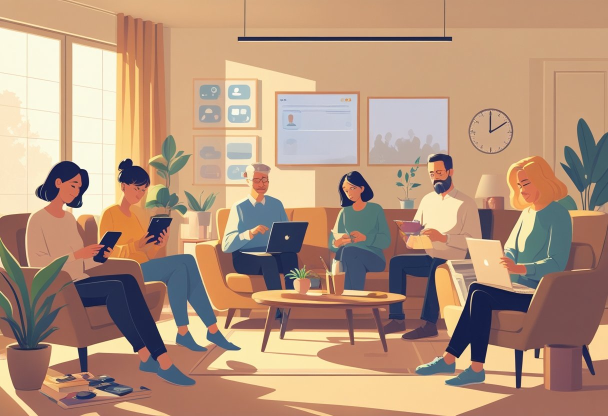 Adults in a living room, some distracted by digital devices while others engage in hobbies like painting, reading, and playing music.