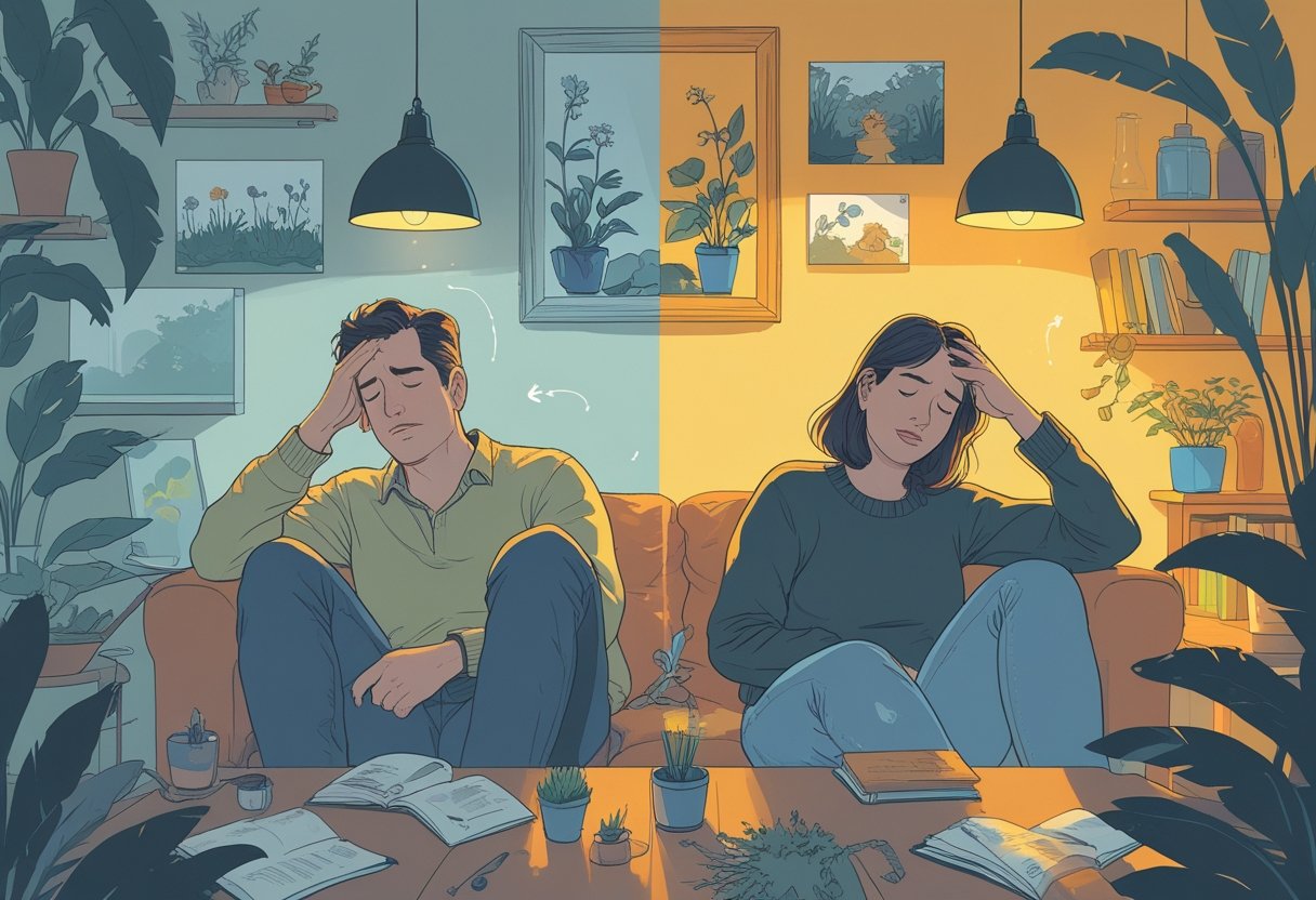 An adult man and woman sit apart in a home, looking stressed, surrounded by faded images of hobbies like painting and gardening, with a contrast between a cluttered dark room and a brighter space with hobby items.