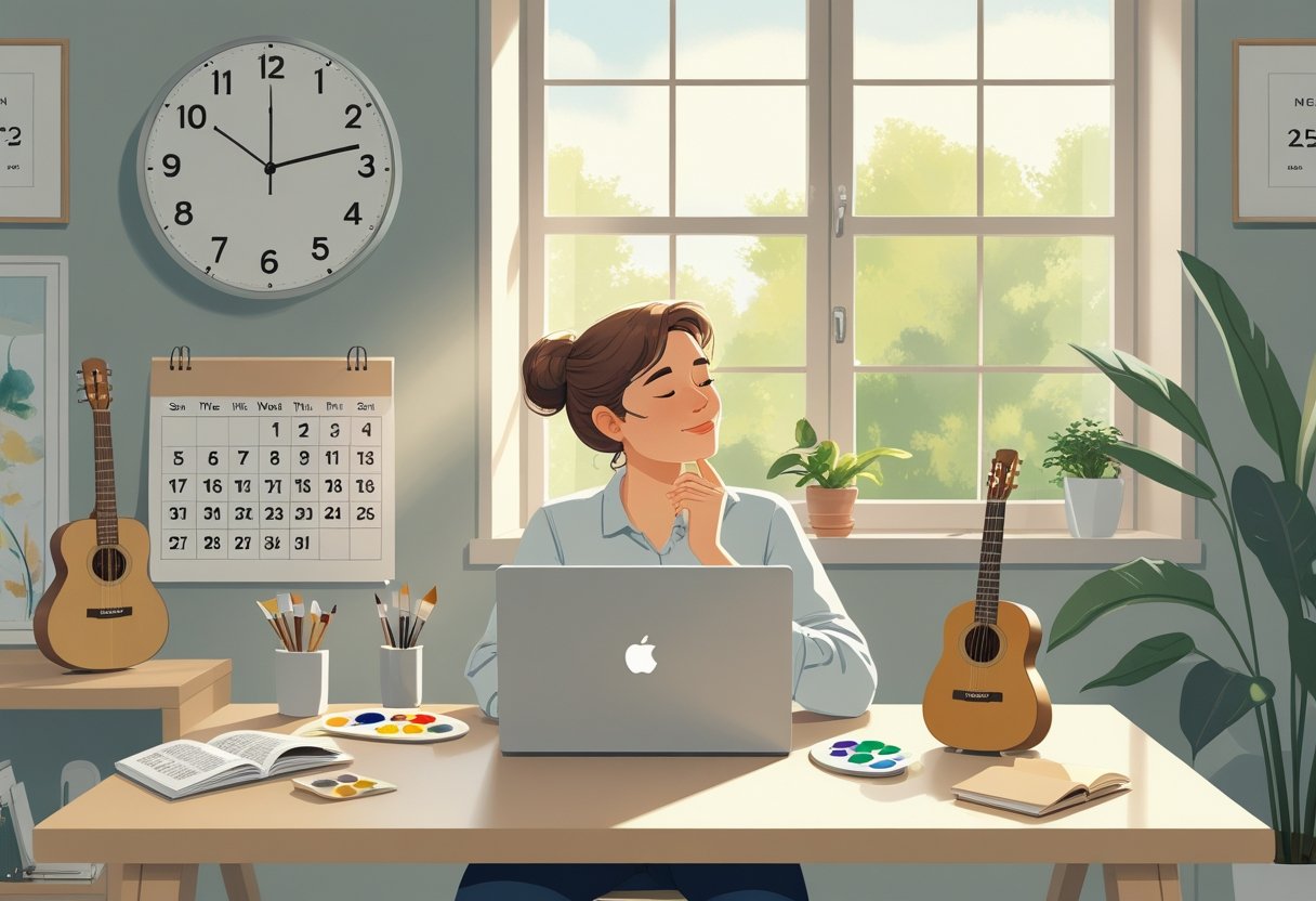 An adult sitting at a desk in a home office surrounded by hobby items like a paintbrush, book, and guitar, with a clock and calendar visible in the background.