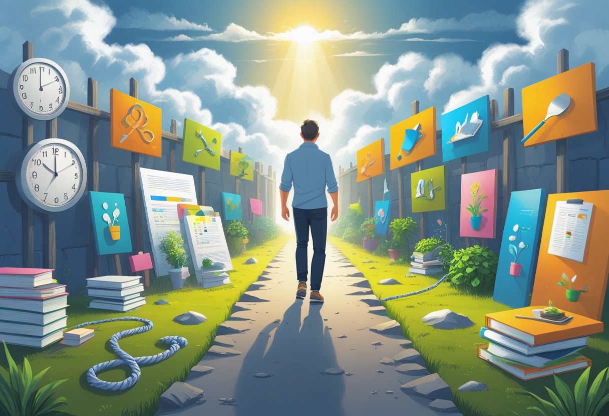 An adult stands before symbolic barriers representing challenges to starting new hobbies, looking hopeful toward colorful scenes of various hobbies beyond the obstacles.